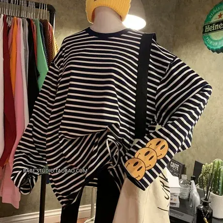 长袖t恤女2020新款韩版ins潮慵懒风bf宽松大码条纹百搭体恤上衣服商品大图