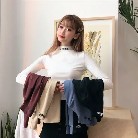 半高领打底衫修身长袖t恤女秋冬百搭2023新款内搭黑色薄款上衣商品大图