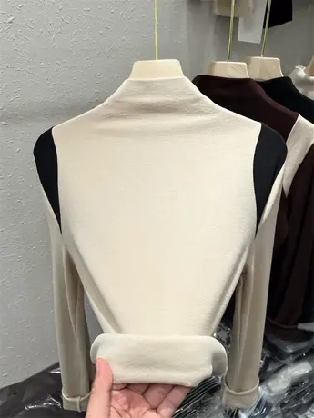 半高领拼接T恤双面德绒弹力针织上衣女2023初冬款别致修身打底衫商品大图