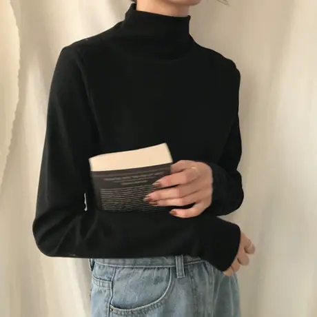 半高领打底衫女春秋冬长袖T恤洋气修身黑色内搭薄款中领上衣百搭图片