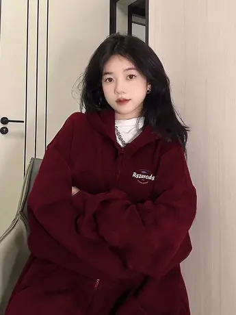 oversize韩系外套女秋冬重磅加绒大码宽松上衣ins慵懒风连帽卫衣图片