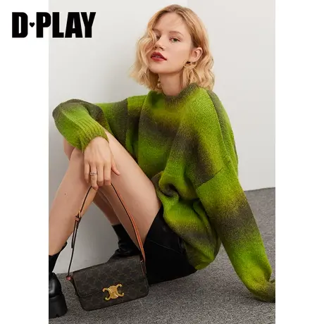 DPLAY秋装新新款复古渐变橄榄绿套头毛衣落肩宽松休闲针织上衣商品大图