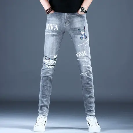 2023秋冬男士牛仔裤精致时尚修身印花灰色小脚裤百搭男潮牌弹力裤图片