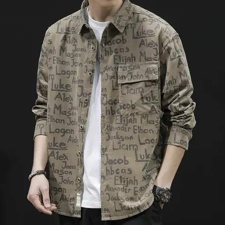 字母印花衬衫男美式复古2024新款宽松潮休闲男士衬衣长袖春秋外套图片