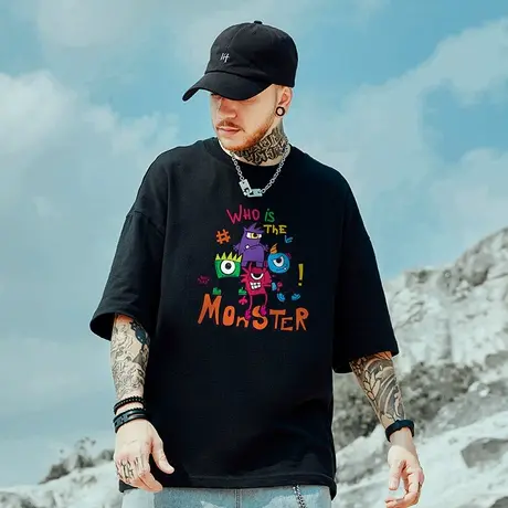 oversize潮牌胖子嘻哈宽松短袖T恤男情侣款大码情侣装卡通半袖夏商品大图