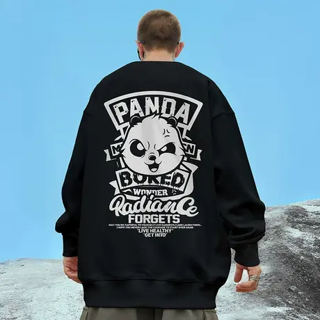 oversize熊猫圆领卫衣男潮牌ins重磅加肥加大码男装秋款加绒无帽商品大图