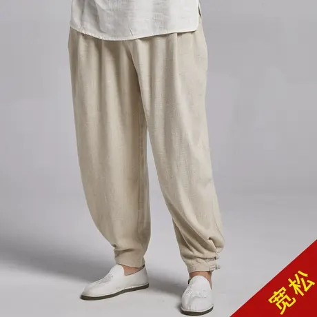 亚麻裤男宽松中国风休闲裤夏季薄款长裤萝卜裤束脚运动裤阔腿裤男图片