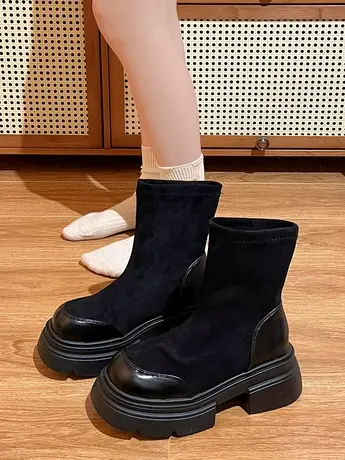 厚底短靴女2023新款早秋弹力瘦瘦靴复古英伦风马丁靴切尔西单鞋子商品大图