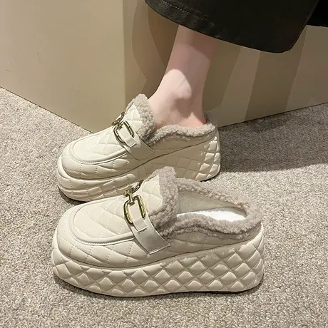 高级感加绒包头棉拖鞋女秋冬外穿2023新款坡跟厚底高跟增高毛毛拖商品大图