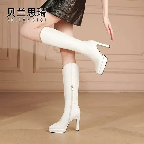 全真皮防水台超高跟长靴女不过膝秋冬季新款白色厚底粗跟高筒靴图片