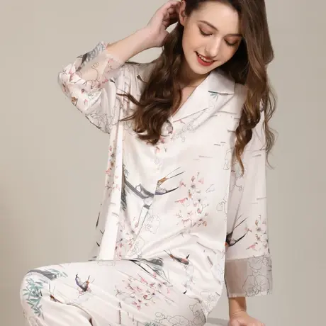 睡衣女2023年新款春夏秋真丝长袖长裤大码丝绸家居服冰丝套装图片