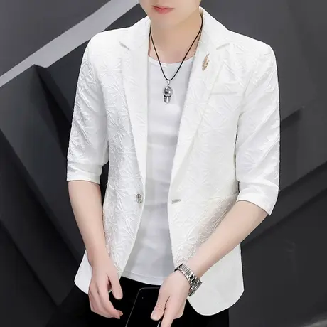 高端网红新款西装男士七分袖休闲中袖外套夏天潮牌韩版半袖西服潮图片