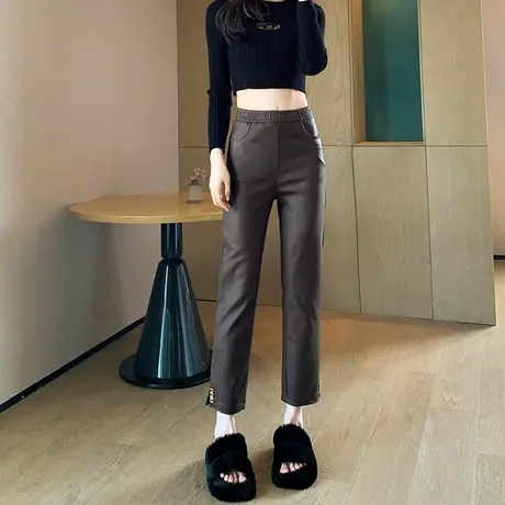 咖啡色哑光PU皮裤2023年秋冬小个子高腰显瘦小香风九分直筒烟管裤图片