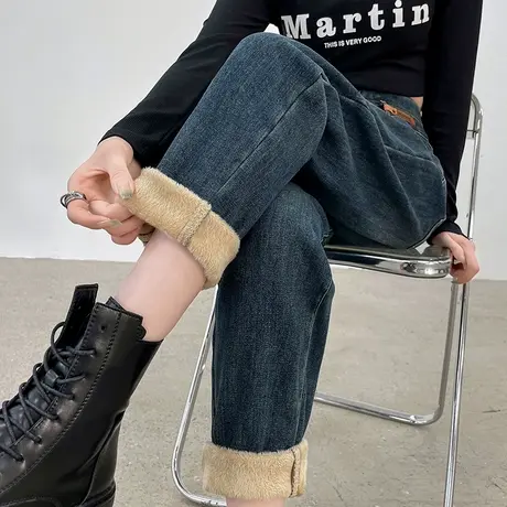 高腰加绒加厚哈伦牛仔裤女秋冬新款小个子梨形身材显瘦老爹萝卜裤图片