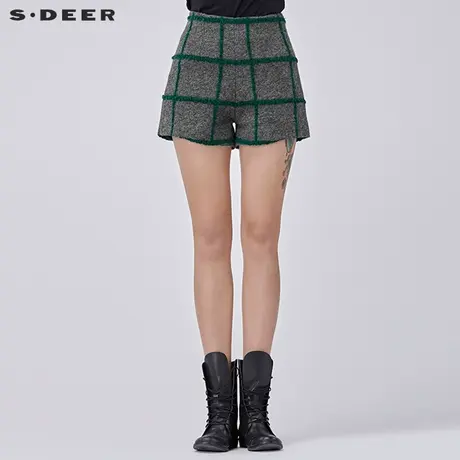 sdeer圣迪奥女2018冬装绿意复古格纹时尚毛呢短裤靴裤S16480961商品大图