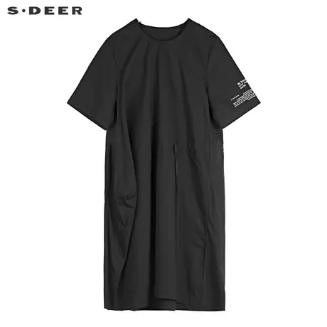 sdeer圣迪奥2019夏装新款撞色字母短袖收腰黑色连衣裙女S19281212图片