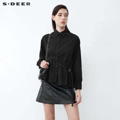 sdeer圣迪奥22春夏新品翻领抽褶飘带不规则黑色通勤衬衫S221Z0505图片