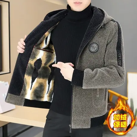 冬季男士连帽毛呢大衣高级感金貂绒呢子冬装加绒保暖男装夹克外套图片