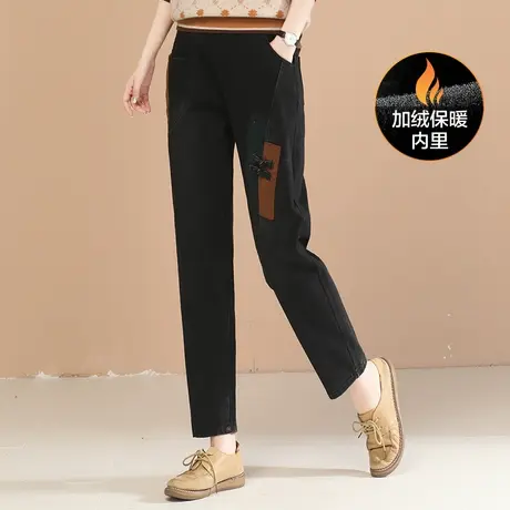 韩潮袭人复古松紧腰贴布加绒牛仔裤女2023冬季新款哈伦长裤子图片