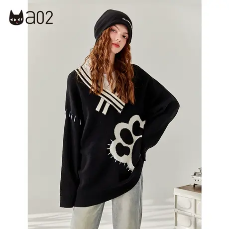 【呼呼严选专享】a02原创潮流针织衫女2023秋新品宽松V领提花上衣图片