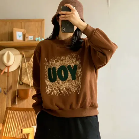 dza 复古短款高领加绒卫衣女士冬季绣花套头长袖宽松显瘦加厚上衣商品大图