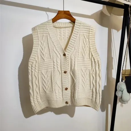 麻花针织马甲开衫女秋冬新款宽松v领设计感小众毛衣背心马夹外套商品大图