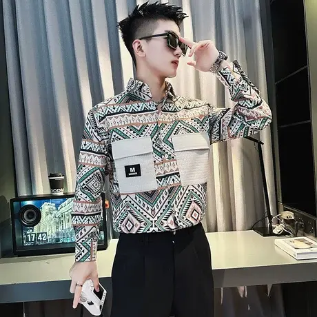高级感长袖衬衫男满印设计秋季上衣潮牌美式痞帅发型师花色衬衣商品大图