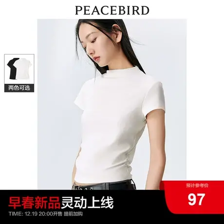 太平鸟半高领修身T恤女短袖2024春新款收腰法式气质短款上衣显瘦商品大图