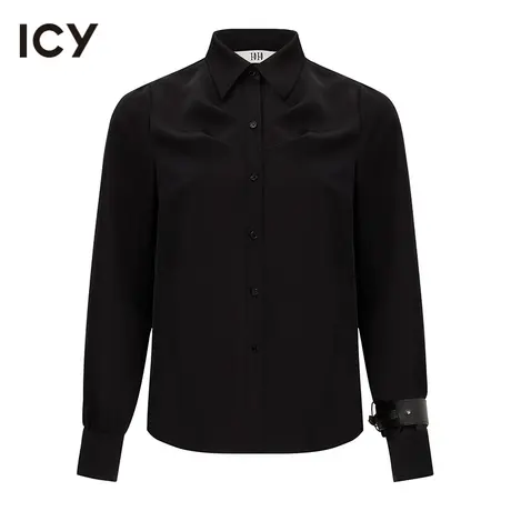 icy2023春季新款复古优雅气质皮扣袖压褶长袖衬衫【梦会停设计】商品大图