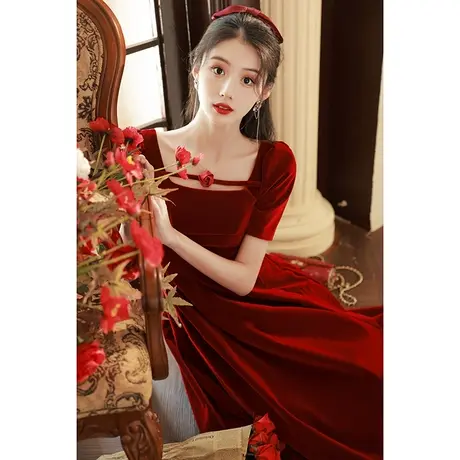 敬酒服新娘2023新款女夏季酒红色结婚订婚回门礼服连衣裙丝绒显瘦商品大图