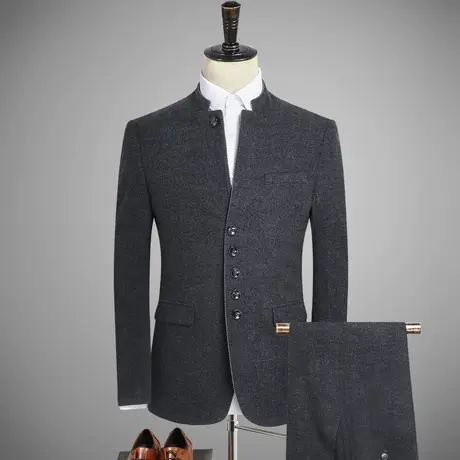 秋冬季中山装套装男中青年中华立领男装毛呢料西服中式西装两件套图片