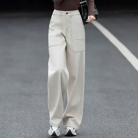 米白色休闲裤女2025新款春秋季宽松女裤高腰松紧腰直筒裤阔腿长裤图片