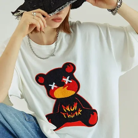 Nuthink国潮宽松立体感毛巾绣小熊短袖T恤嘻哈复古加肥加大中性风商品大图