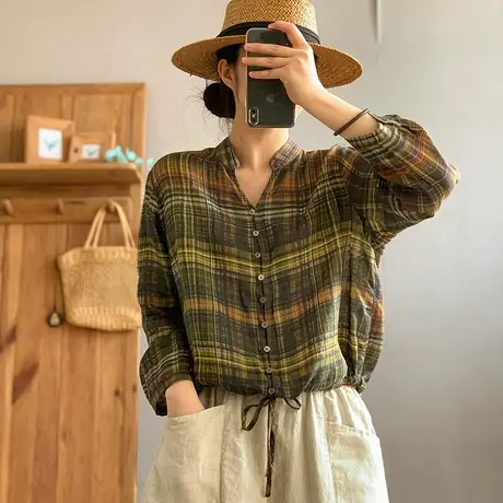 dza 复古气质条纹格苎麻上衣女长袖衬衫2024春季新款宽松棉麻衬衣图片