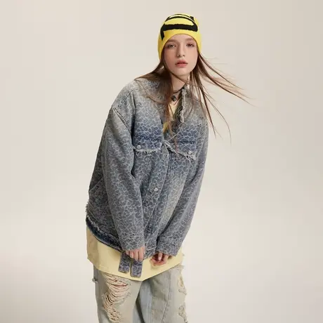 复古潮牌设计感毛边牛仔外套女春秋2024新款做旧情侣夹克宽松上衣商品大图