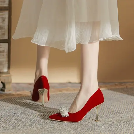 高跟鞋女细跟2024年春季新款婚鞋宴会礼服鞋尖头法式水钻气质单鞋商品大图