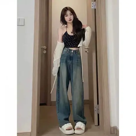 美式复古阔腿牛仔裤女夏季薄款宽松高腰显瘦梨形身材直筒拖地裤子图片