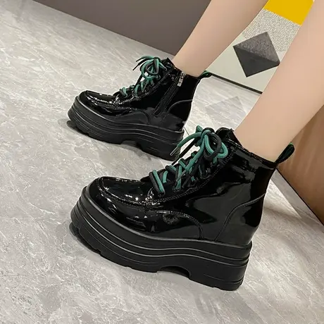 内增高马丁靴女英伦风2022年秋冬新款松糕厚底漆皮小个子加绒短靴图片