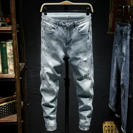 夏季浅色破洞牛仔裤男修身小脚日系复古潮牌9分裤男九分裤子男潮商品大图