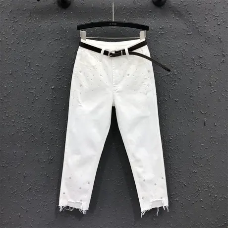 欧货直筒裤女2024春夏新款白色烫钻烟管裤高腰显瘦百搭牛仔九分裤商品大图