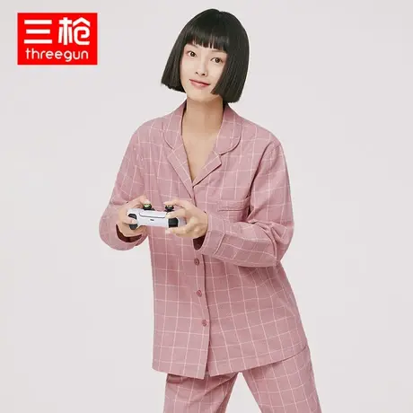 三枪睡衣睡裤女式纯棉秋冬花灰彩格绒布翻领开襟扣子家居服套装商品大图