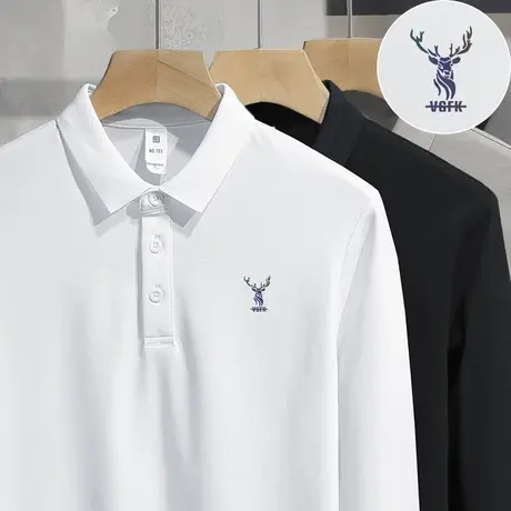 丝光珠地棉白色polo衫男长袖翻领t恤商务保罗带领打底衫鹿头秋衣图片