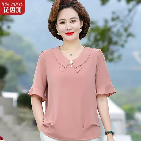 妈妈夏装洋气短袖T恤2023新款母亲节雪纺上衣服中老年女翻领小衫图片