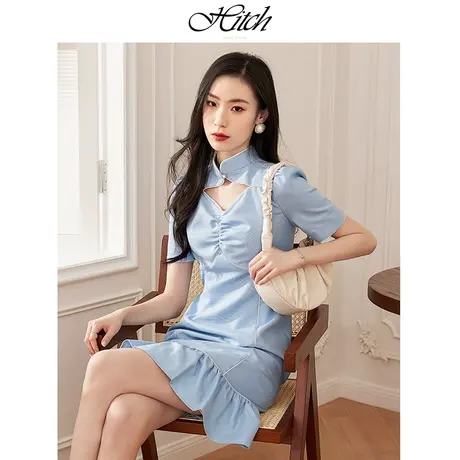 希区瑞普高端名媛精致镂空新中式改良旗袍2023年夏修身鱼尾连衣裙商品大图