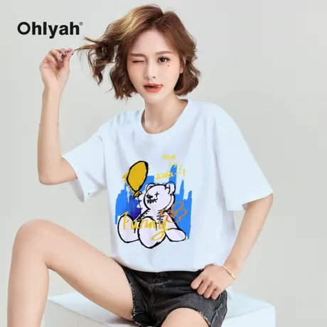 Ohlyah夏季潮牌宽松超火圆领小熊T恤女短袖纯棉打底衫情侣上衣ins图片