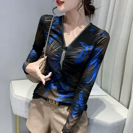 性感V领拉链T恤女装潮时尚印花网纱上衣紧身百搭打底衫女长袖春秋商品大图