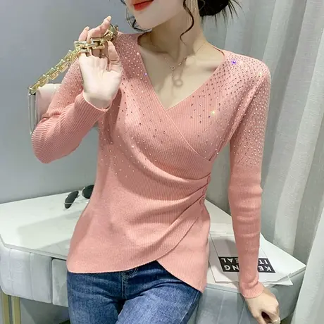 时尚烫钻针织衫女长袖性感V领交叉上衣紧身内搭打底毛衣女春装潮图片