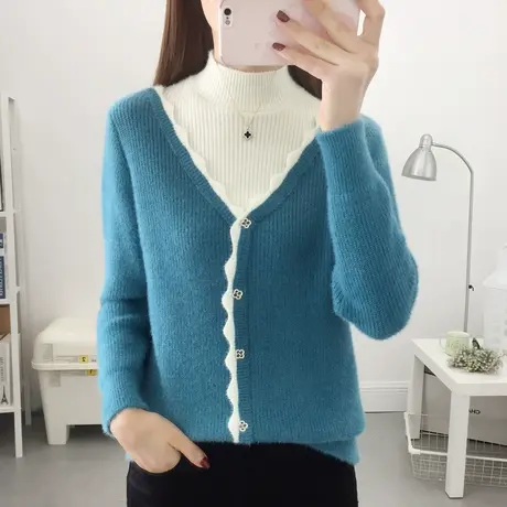 水貂绒假两件毛衣女2022秋冬新款半高领加绒加厚女士针织打底衫女商品大图