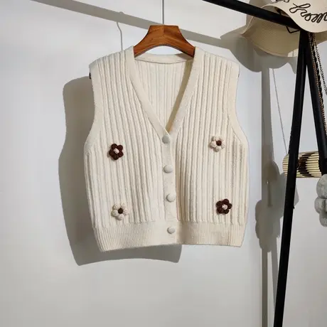 学院风针织马甲开衫女秋冬新款韩版v领叠穿立体花朵毛衣背心外搭商品大图