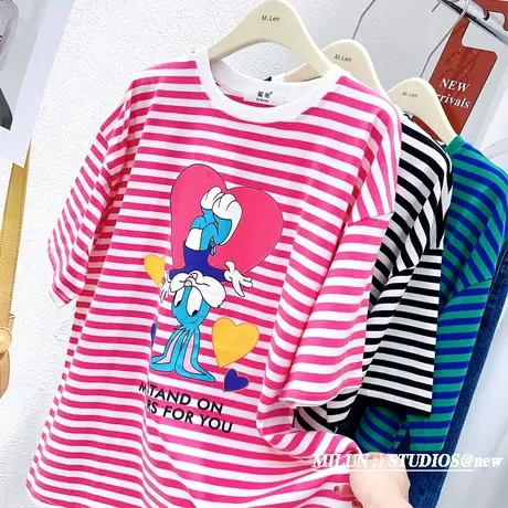 韩国东大门条纹短袖上衣ins港味原宿风中长款宽松T恤洋气夏装大码商品大图